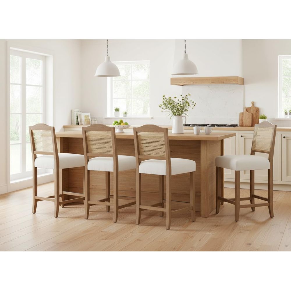 Set of 4 Linen Beige Cane Back - Home Bar Stools reseña y precio