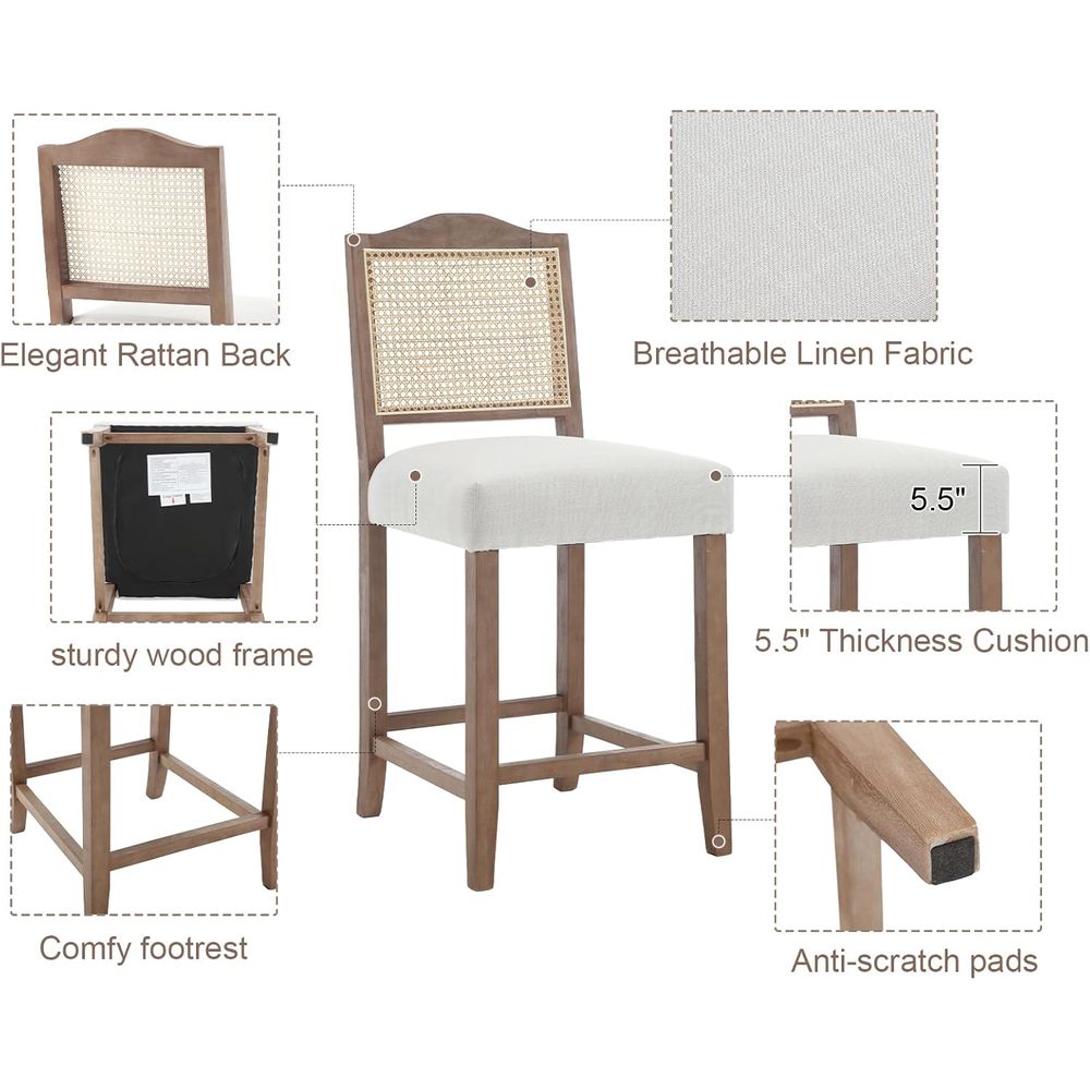 Set of 4 Linen Beige Cane Back - Home Bar Stools reseña y precio