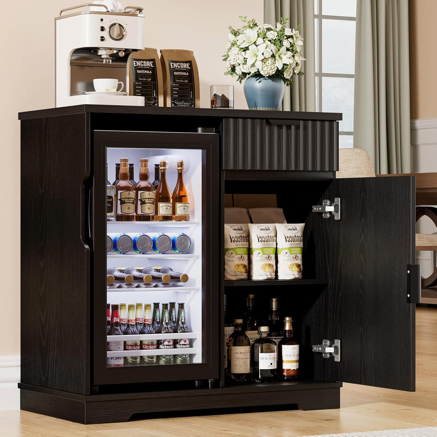 Fluted Coffee Bar Cabinet with - Home Bar And Fridge reseña y precio
