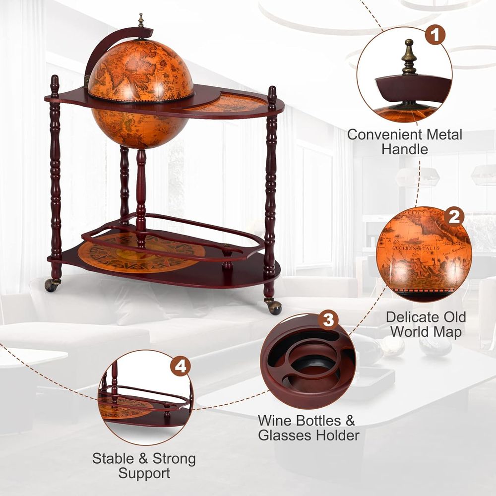 Vintage 34.5 Wheeled Globe Bar - Home Bar And Cabinet reseña y precio
